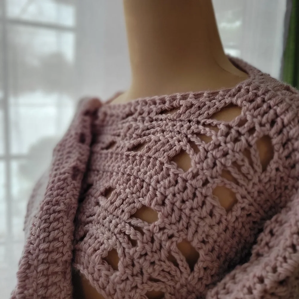 Fairycore Crochet Bell Sleeve Shrug Crop Top Arm Warmer - Mauve Pink - Picture 4 of 6